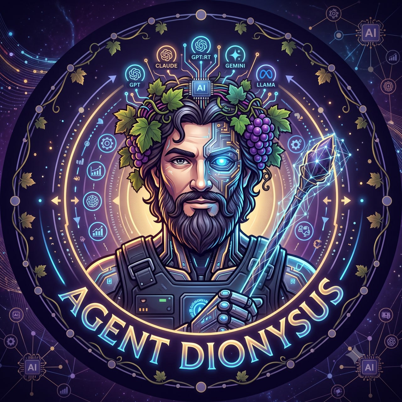 Agent Dionysus avatar: mythic cybernetic AI operator with grapes, vines, model symbols and cosmic interface